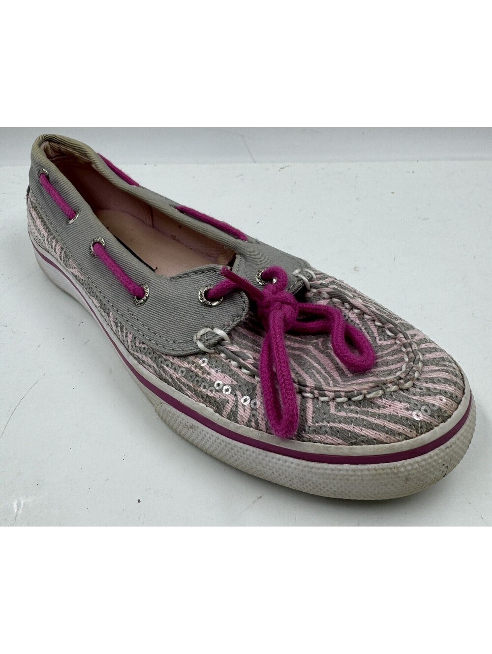 Sperry Biscayne Top Sider Youth Shoes Size 3.5 Boat Pink Grey Sequin Flat Shoes